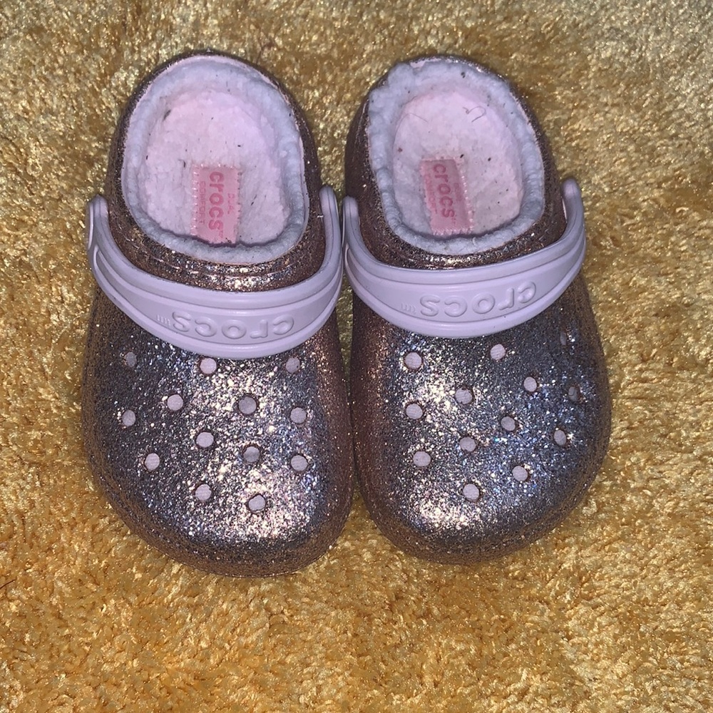 Toddler gold and pink glitter crocs